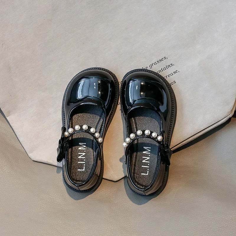 Children Loafers for Girl Black Glossy Spring Autumn Uniform School Leather Shoes Pearls Round-toe Kids Shoes Simple All-match