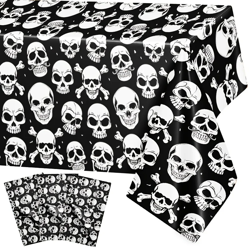 Tischdecke mit coolem schwarzem Hintergrund und individuellem weißem Totenkopfmuster, Halloween- und Dark-Theme-Party-Tischdecke, für Outdoor-Essen