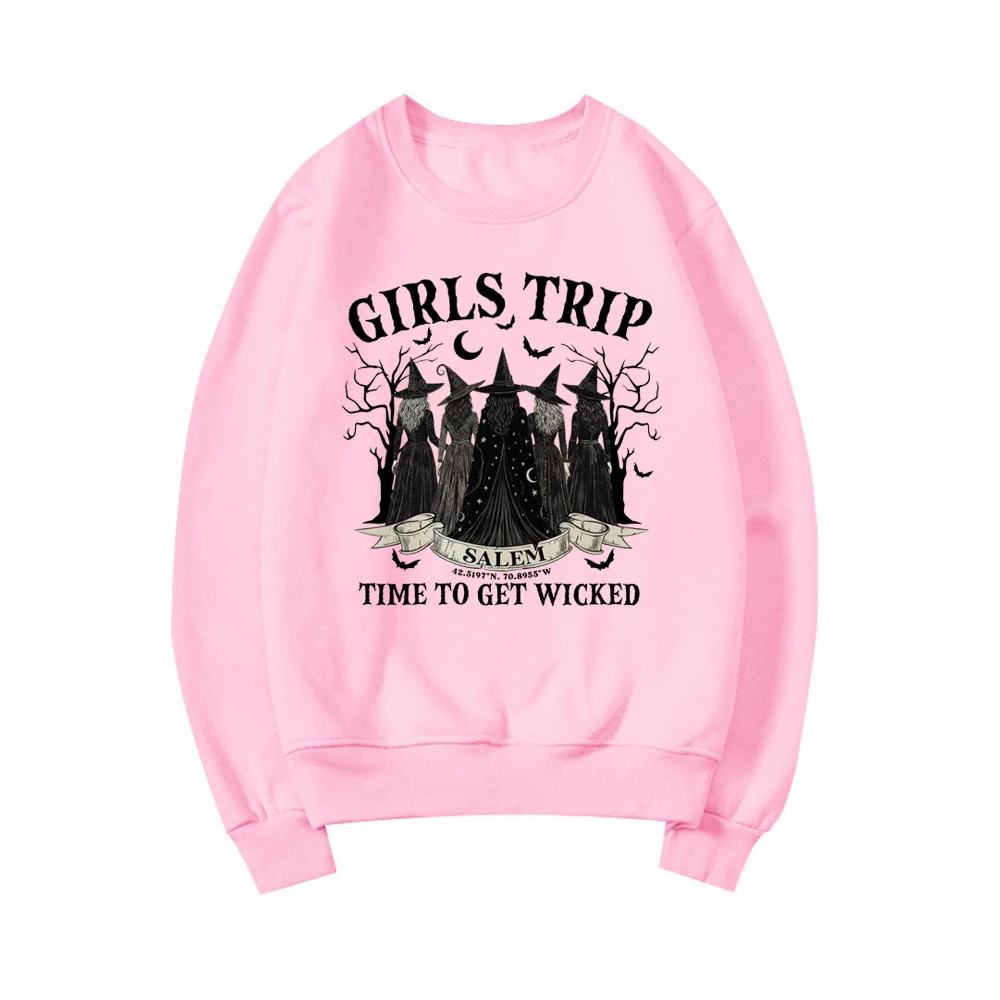 Vintage Girls Trip Salem Sweatshirt Halloween Witch Hoodie Women Crewneck Sweatshirt Salem Witch Hoodie Spooky Season Pullovers