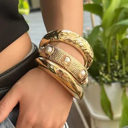 KMVEXO Chunky Heavy Metal Pearl Bangles for Women Gothic Punk Irregular Minimalist Alloy Wide Bracelet Fashion Jewelry Gifts