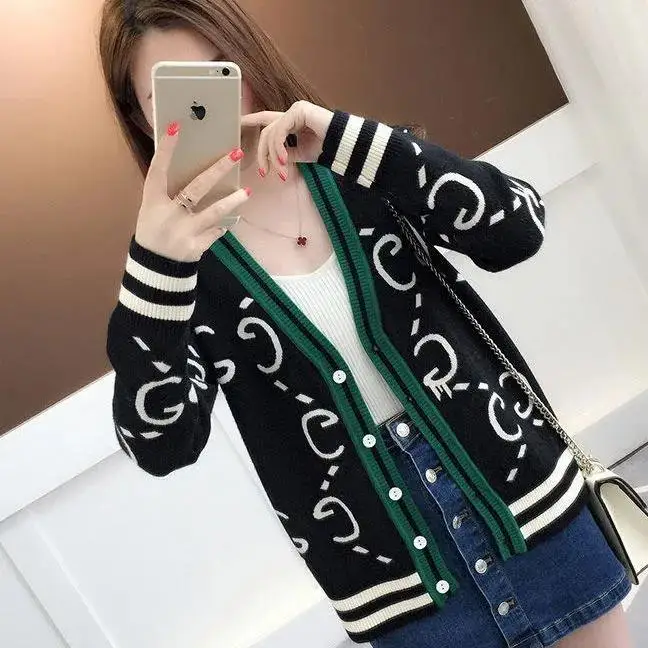 اللون حجب مطبوعة طويلة الأكمام فضفاضة سترة سترة للنساء ربيع الخريف فضفاضة سترة مشغولة من الصوف الاتجاه العلوي النساء الملابس