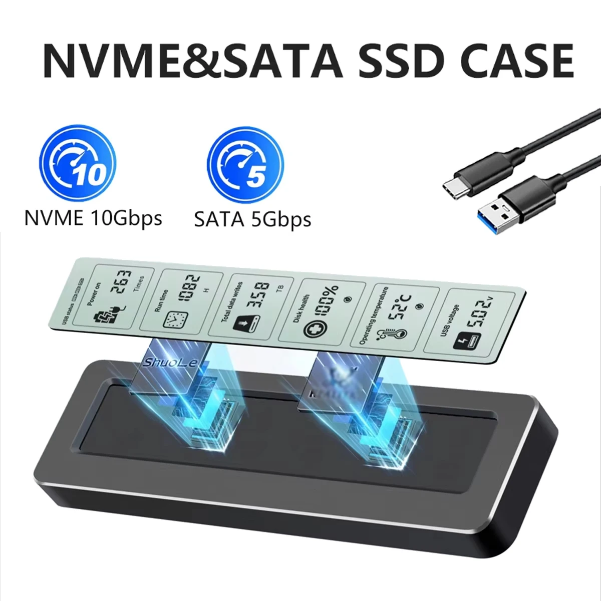 

Корпус M.2 SSD NVMe USB 3.2 10 Гбит/с PCIe SSD Box NGFF SATA SSD Корпус из алюминиевого сплава Интеллектуальный цифровой мониторинг здоровья
