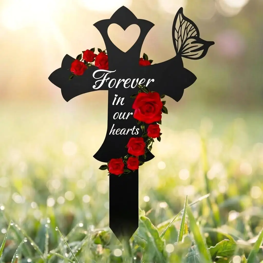 

Memorial Garden Stake With Red Roses And Butterflies Creatively Cross Shaped Decorative Stake Outdoor Remembrance Decor 1PC