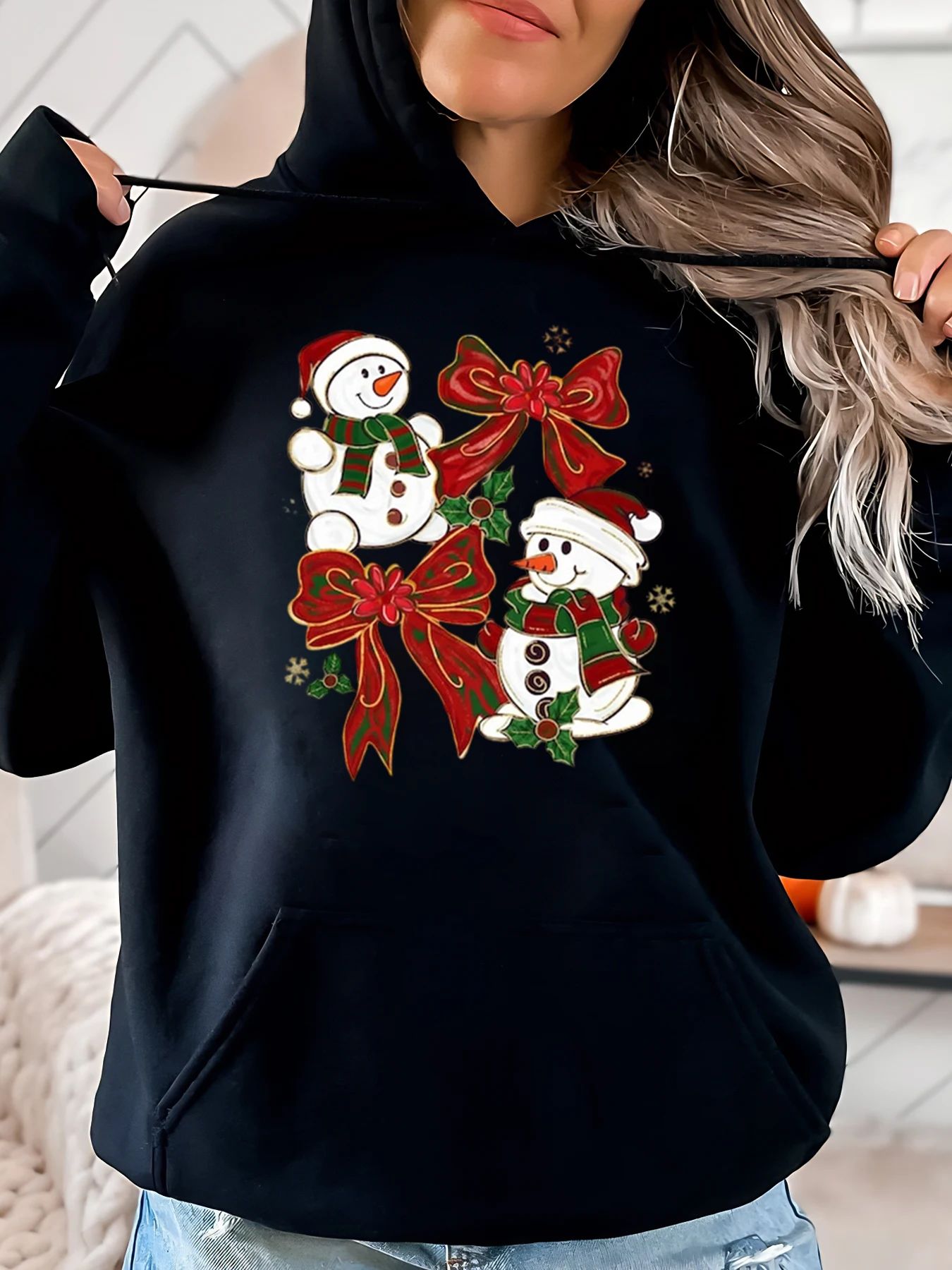 

Snowman Christmas Print Hoodie Women Holiday Casual Wear Black Plus-Size