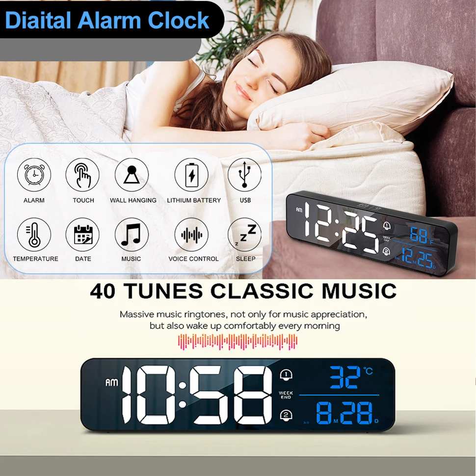 LED Digital Alarm Clock Wall/Table Electronic Clock with Temperature Snooze Date Weekday & Dual Alarms 40 Ringtones