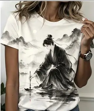 Women Crew Neck Short Sleeve T‑shirt Traditional Hanfu Lady Bamboo Mountain River Misty Chinese Landscape Art Print Casual  Tops