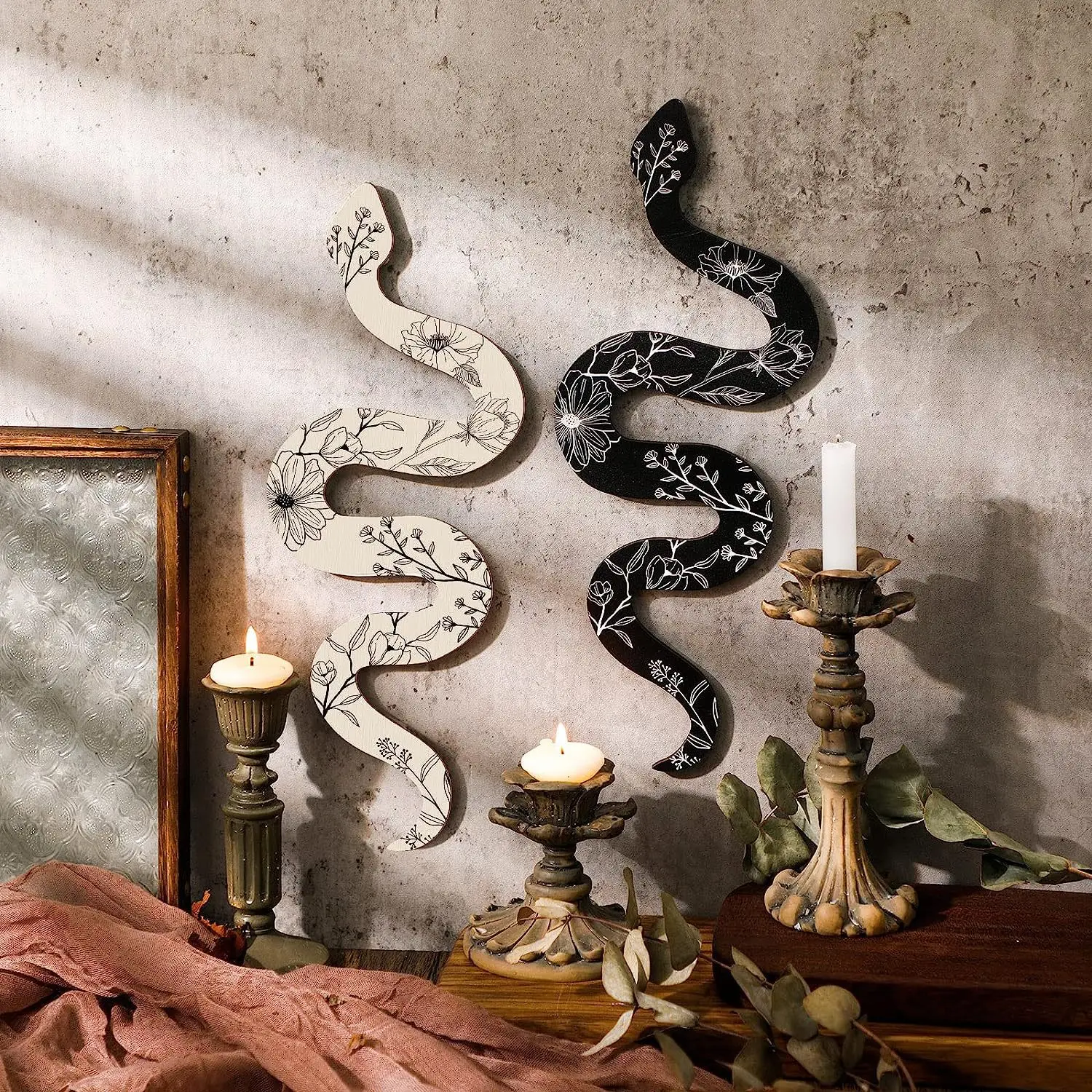 Bohemian Witch Wooden Plates Black White Snake Wall Decor 1 Pair Aesthetic Room Decor Cute Wood Decoration Maison Living Room