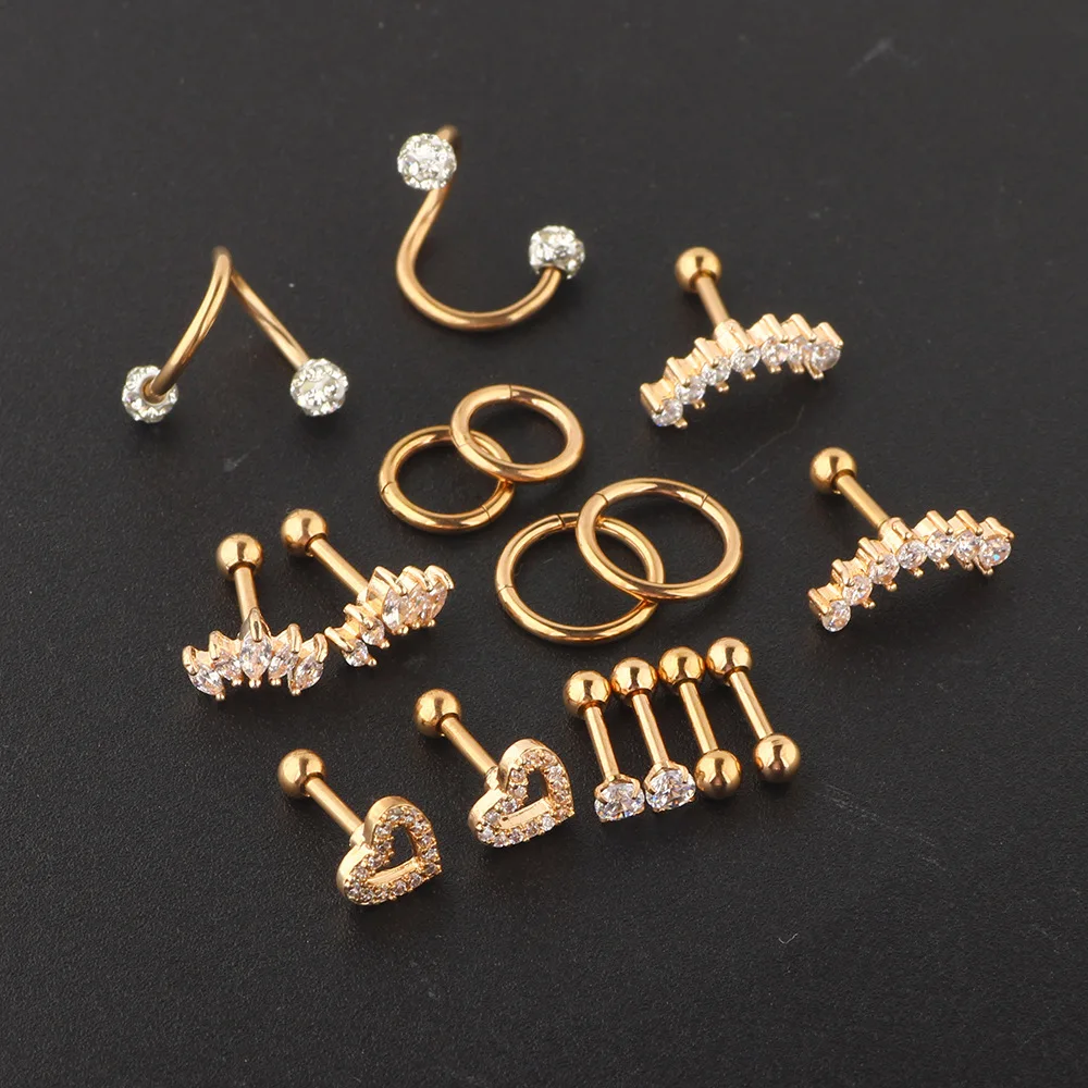 Fashion Crystal Cartilage Earring Set Stainless Steel Gold Color Ear Hoop Helix Tragus Ear Stud Set Women Earrings Jewelry Gift