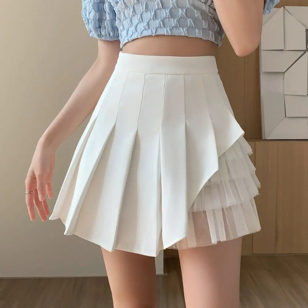 

Сплошной цвет, простые плиссированные мини-юбки, сетчатые короткие юбки трапециевидной формы с высокой талией в стиле пэчворк и защитные брюки, женская мини-юбка на каждый день