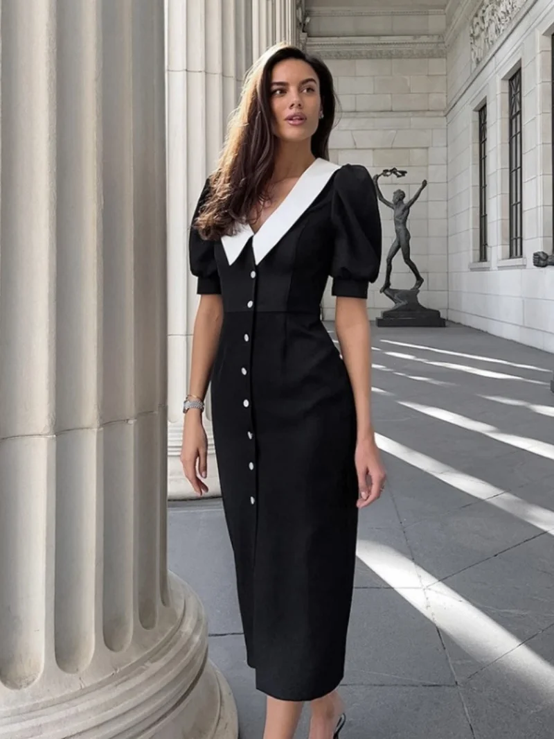 Elegant Colorblock Dress Summer Clothing Women 2026 Puff Sleeve Single Breasted Slim Fit Midi Dresses OL Style Commuting Dress