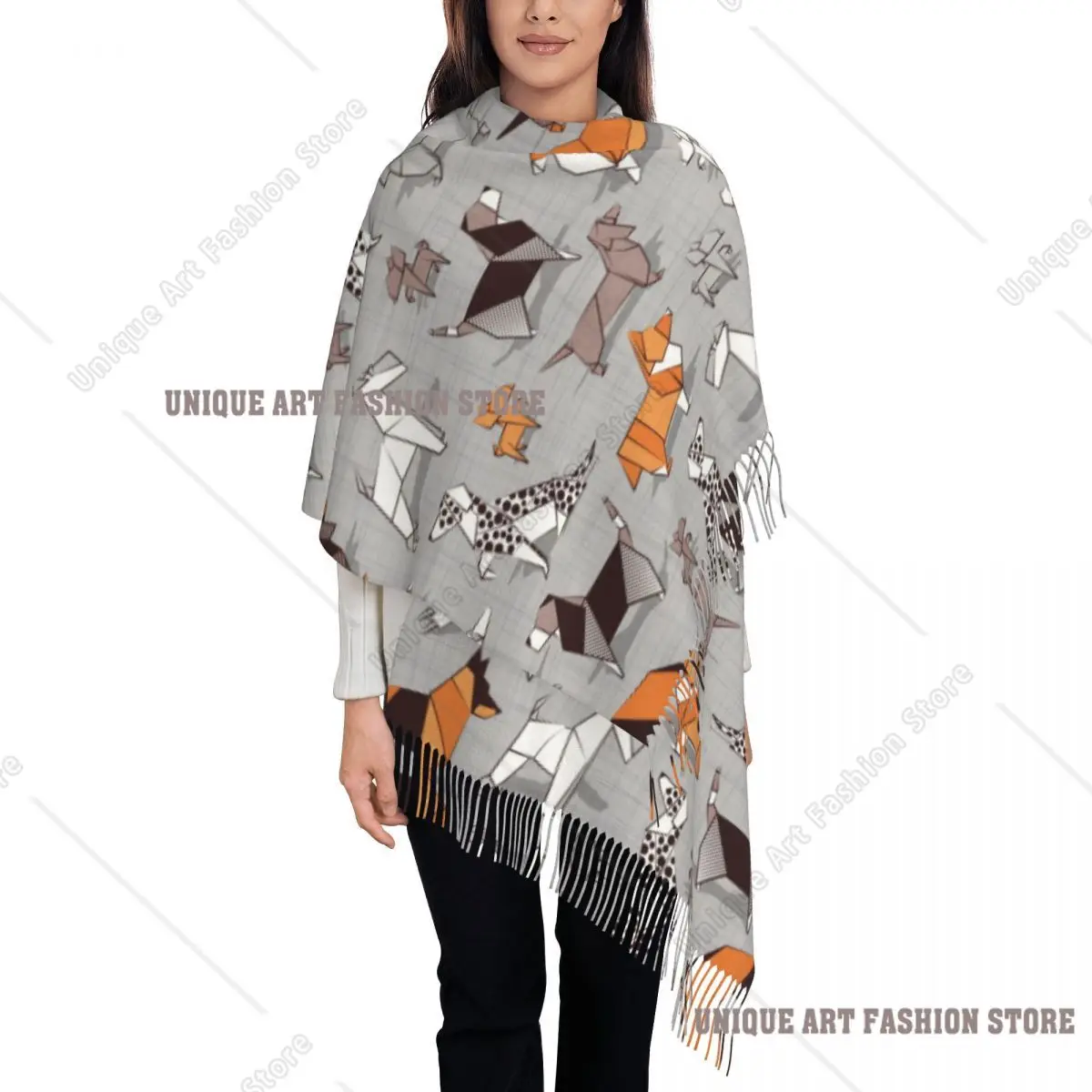 

Custom Origami Doggie Friends Scarf Wrap for Women Long Winter Warm Tassel Shawl Unisex Dachshund Beagle Terrier Dog Scarves