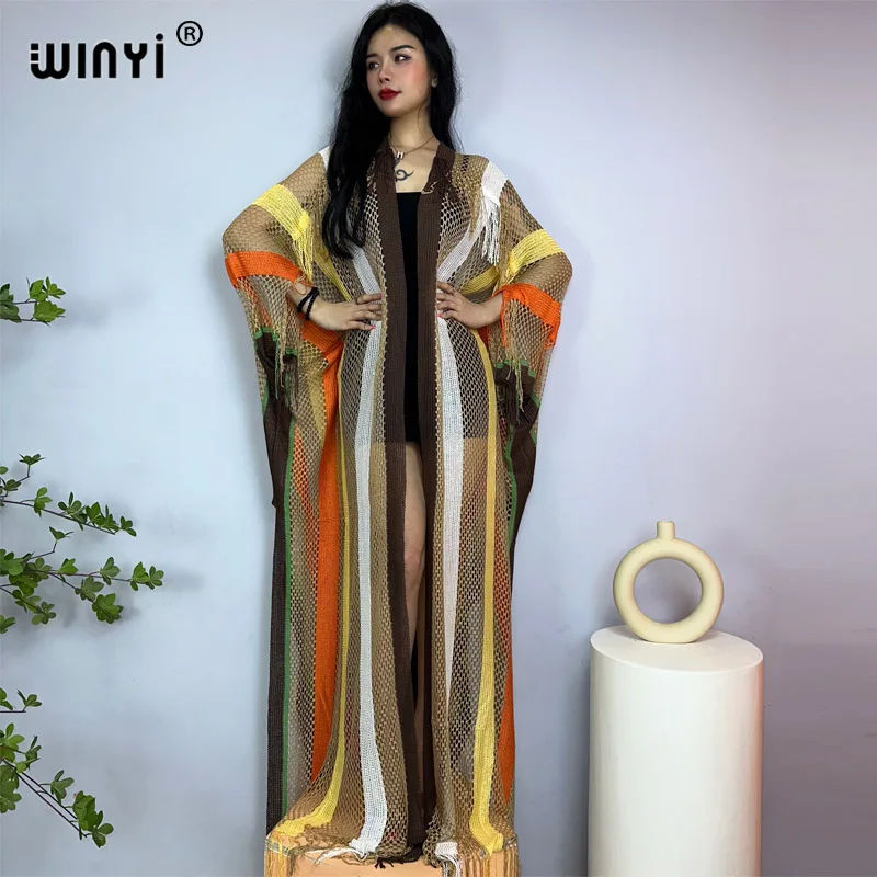 WINYI lato Africa modny nadruk kobiet płaszcz długa sukienka elegancka Boho maxi plaża futerał do pływania z wydrążonymi seksowny płaszcz seksownymi