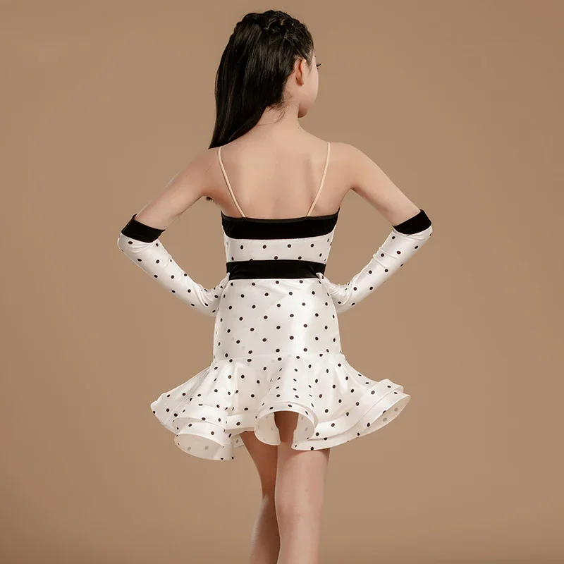 Vestido de ponto branco luvas terno desempenho traje cha cha vestido de dança latina vestido de competição meninas roupas de dança latina
