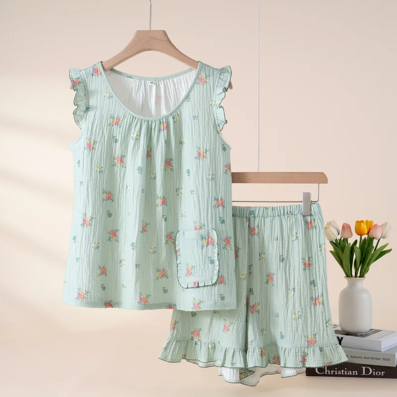 

2pcs Women's Pajama Set Cute Sweet Style 100% Cotton Crepe Fabric Short Sleeve Shorts Loose Lightwe