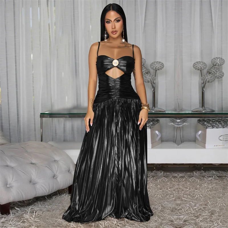 Doyerl glanzende metallic verjaardagsjurk voor dames, clubfeest, spaghettibandjes, strapless, uitgehold, gerimpeld, A-lijn, geplooide maxi-jurk