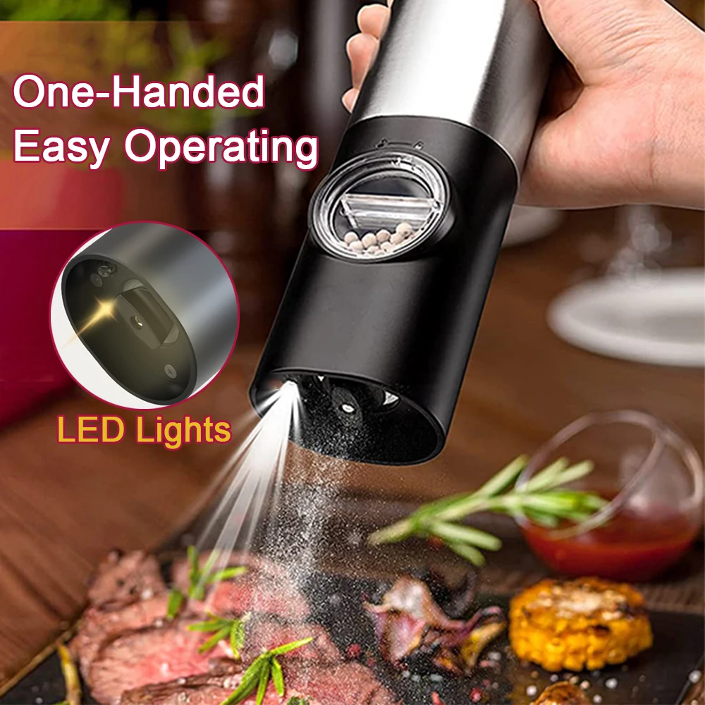 Electric Salt And Pepper Grinder Automatic USB Rechargeable Stainless Steel Adjustable Coarseness Spice Mill With LED Light