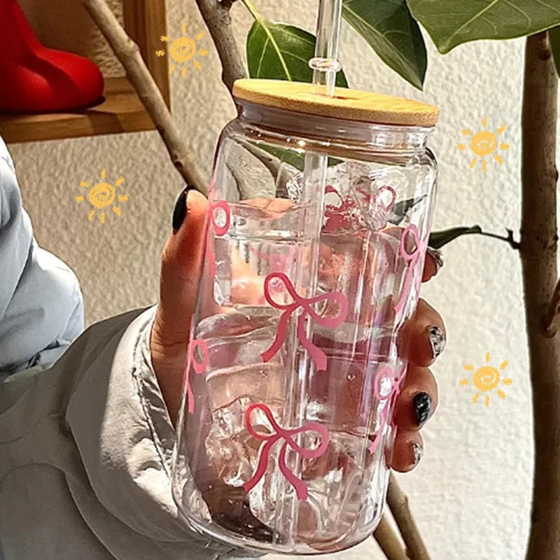 1szt Szklana kokardka Urocza kreskówkowa kokardka Szklany kubek Urocza filiżanka do kawy Graffiti Domowa herbata owocowa Lemoniada Prezent dla dziewczyny