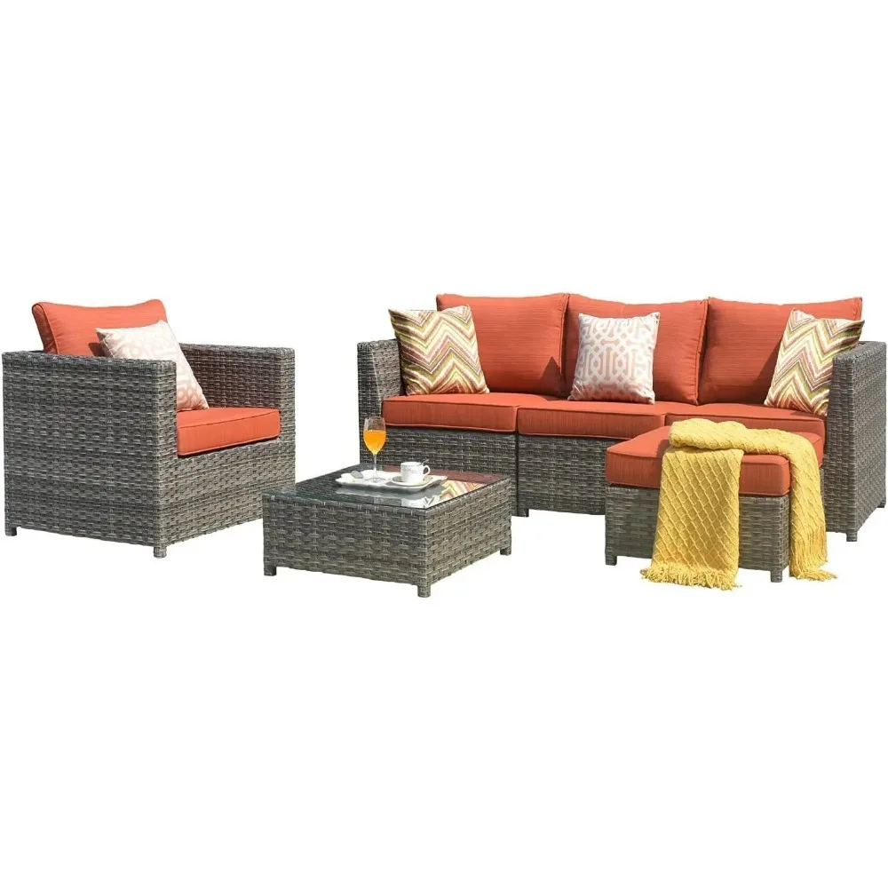 Patio Furniture Set 6 Pieces Outdoor Conversation Set Wicker Rattan Sectional Sofa Sets,Thick Cushions Fully Assembled Furniture