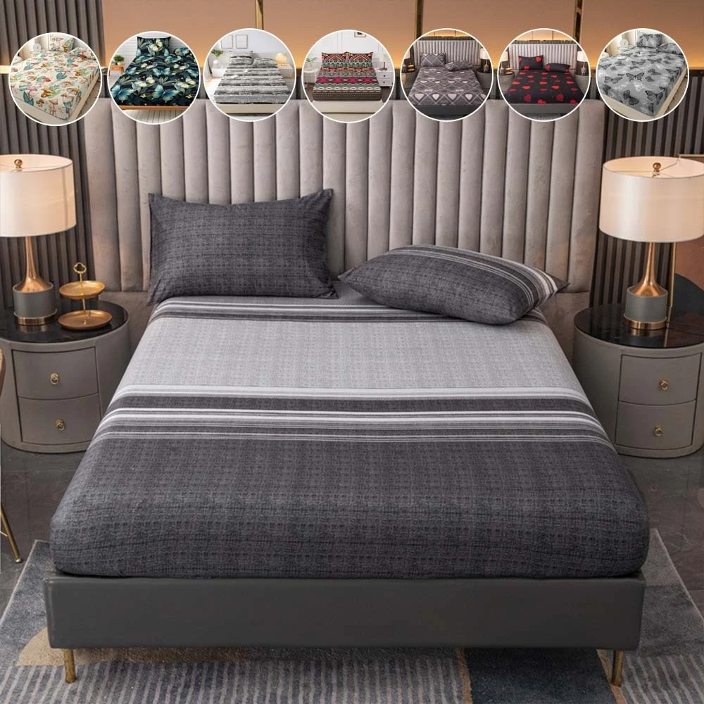 3PCS Printed Fitted Bed Sheet Set Non Slip Adjustable Mattress Covers with Elastic Band Queen/King/Twin/Full Size Drap-housse
