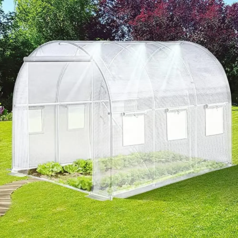 Large White Walk-in Tunnel Greenhouse with Automatic Watering System 10'x7'x7' UV Resistant Zipper Mesh Door Portable Breathable