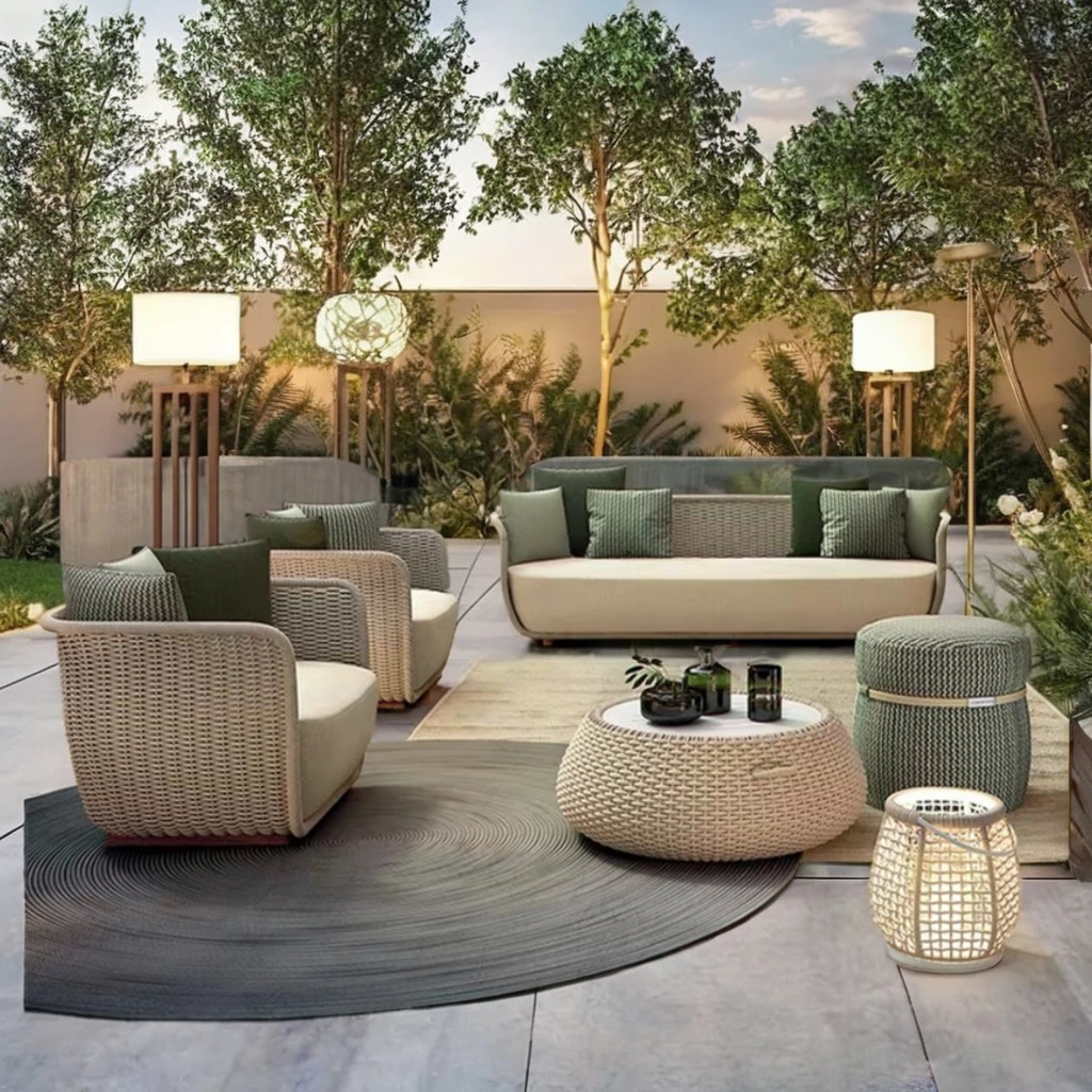 Modern Trendy Waterproof Garden Sofa Set Colorful Aluminum Rope Structure Durable Outdoor Patio Furniture Set