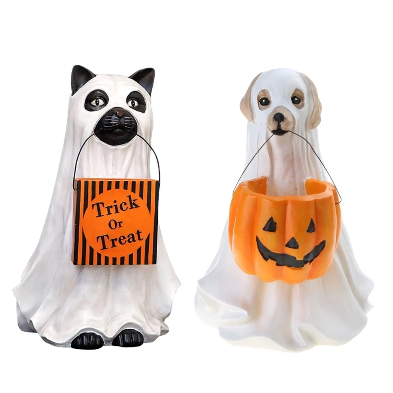 

for Creative Halloween Dog for Cat Statues with Pumpkin Candy Holder Bowl Bucket Sugar Dish Resin Ornament Trick or Treat