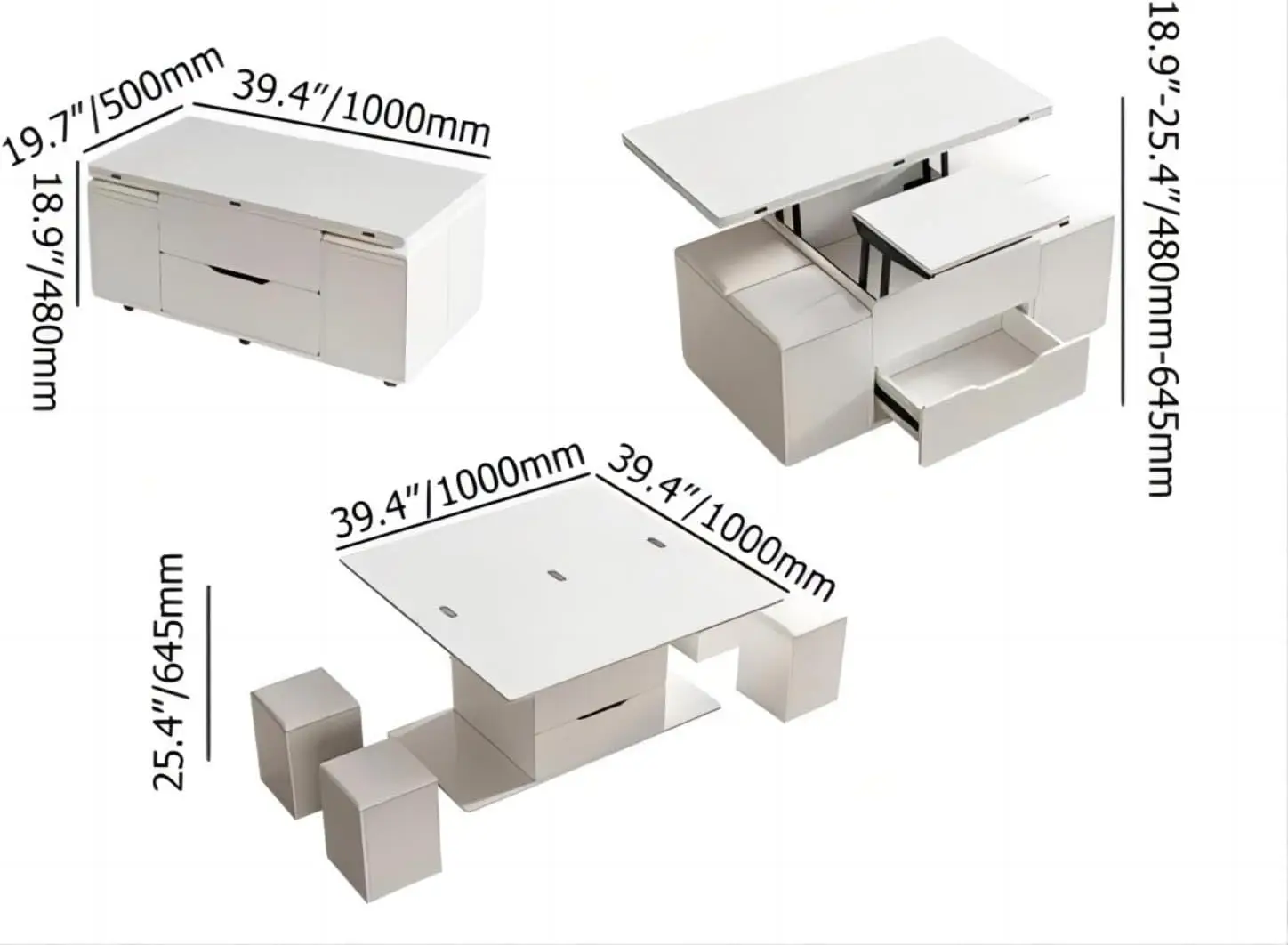 White Lift Top Coffee Table With Hidden Storage, 3 In 1 Multi-Function Modern Folding Center Table With 4 Stools And Casters