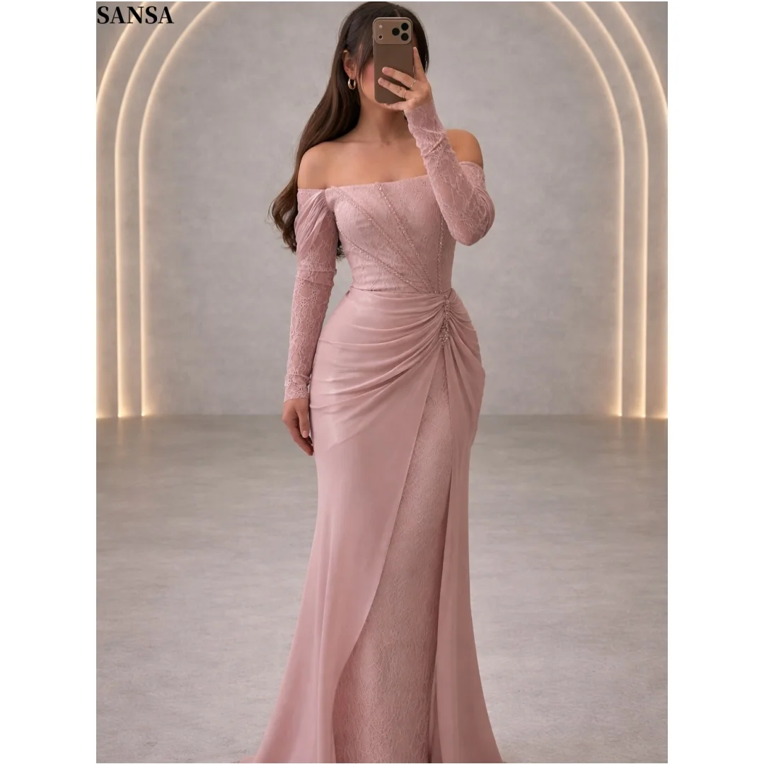 

Sansa Customized Luxury Dusty Pink Off Shoulder Long Sleeve Beaded Waist Draped Ruched Slit Mermaid Formal Evening Prom Dresses