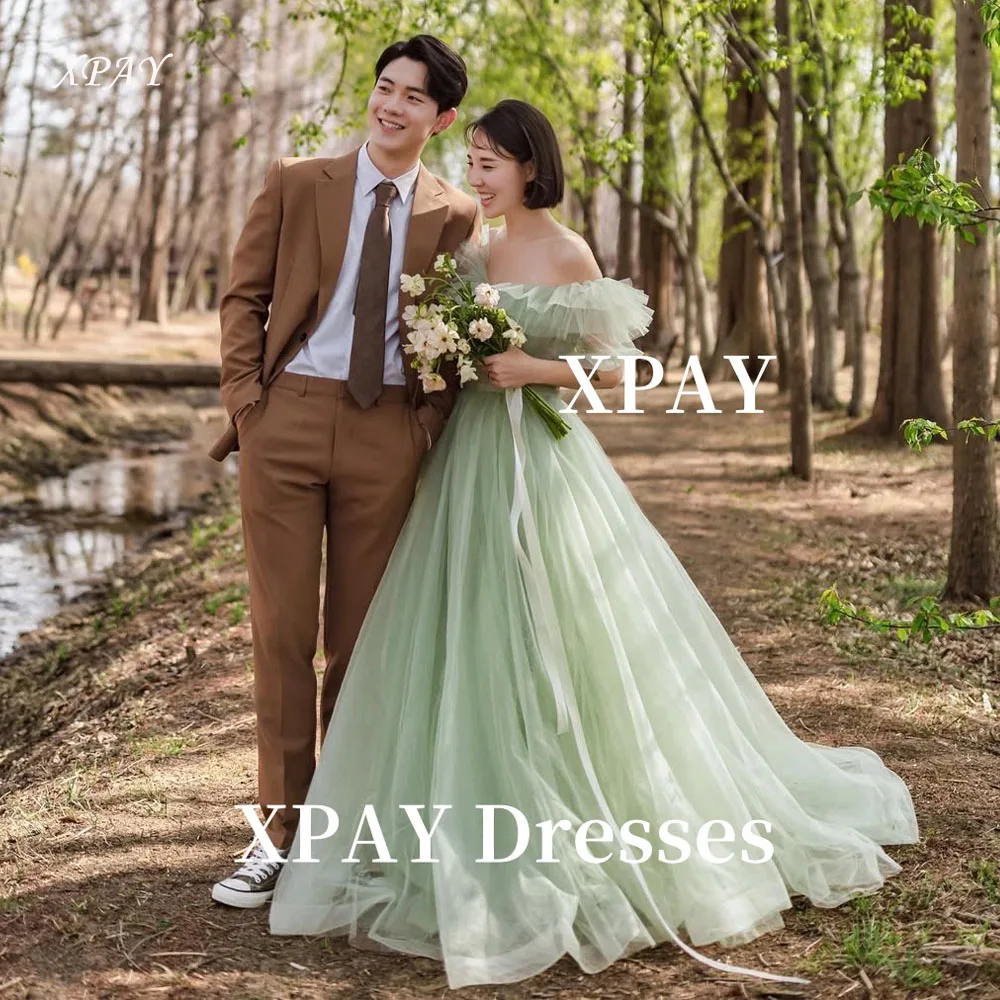 XPAY Elegant Off Shoulder Tulle Evening Dresses Korea Wedding Photo shoot Sage Green Evening Formal Gowns Party Customized