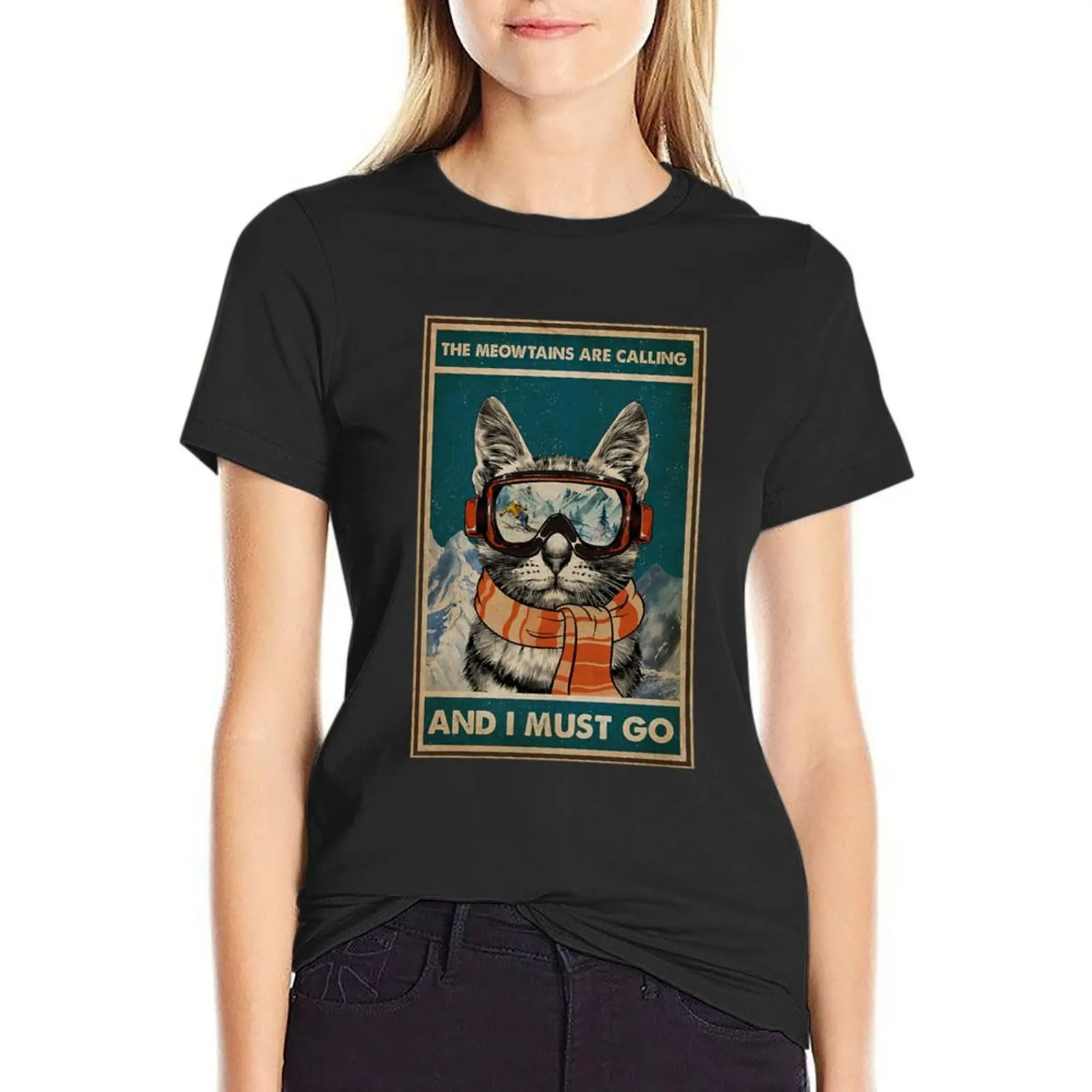 

Skiing The meowtains are calling and i must go Cat T-Shirt new edition anime clothes Top Women