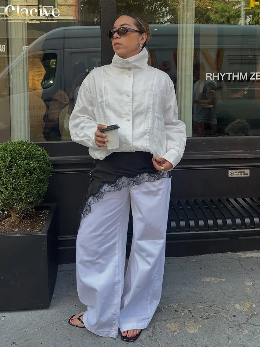 

Clacive Fashion Loose White Linen Women Coats Winter Stand Collar Long Sleeve Coat Elegant Classic Solid Jacket Female Clothing