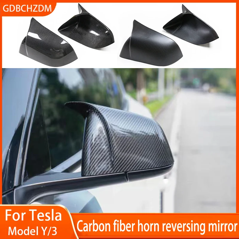

Car Rearview Mirror Cover For Tesla Model 3 Y Ox Horn Real Carbon Fiber Rear View Mirror Decorative Shell Exterior Accessories