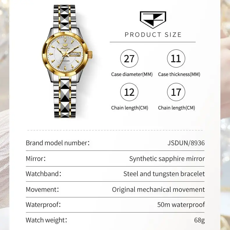 JSDUN Automatic Watch for Women Tungsten steel Strap Sapphire Crystal Mirror Luxury Elegant Ladies Watches Waterproof Wristwatch