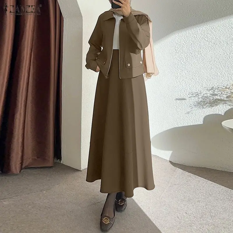 

ZANZEA Muslim Fashion Womens Skirt Suits Long Sleeve Jackets & A-Line Maxi Skirts 2 Pieces Sets Islamic Hijabs Modest Outfits