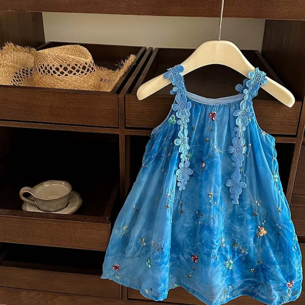 Bear Leader Summer Korean Style Blue Kids Dresses for Girls Leisure Vacation Beach Printed Sleeveless Flower Girl Dresses