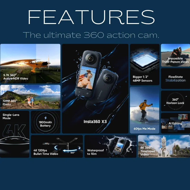 الأصلي والجديد لكاميرا Insta 360 X3 5.7K فيديو 10 متر مقاوم للماء تثبيت FlowState Insta360 ONE X 3 كاميرا الحركة الرياضية #2