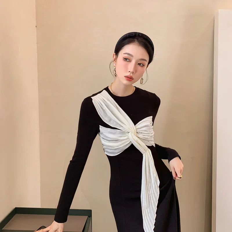 2023 Spring and Summer  Black Knitted Dress New Chinese Style Tea Break French Style Chic Unique Bow FemaleTemperament Dress