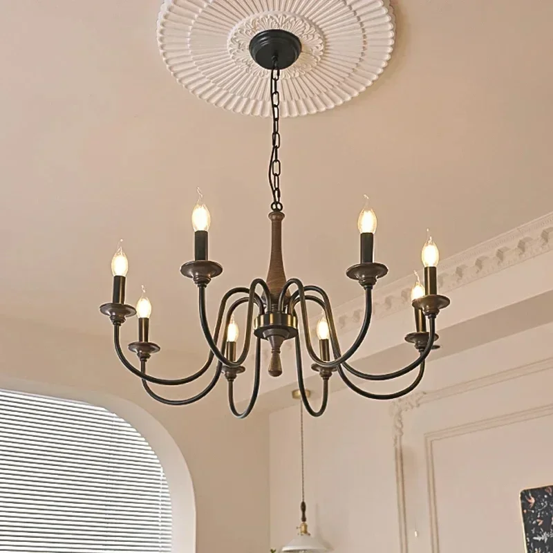 Home Decoration Salon Chandeliers Nordic Retro Solid Wood Wrought Iron Candle Led Lights Bedroom