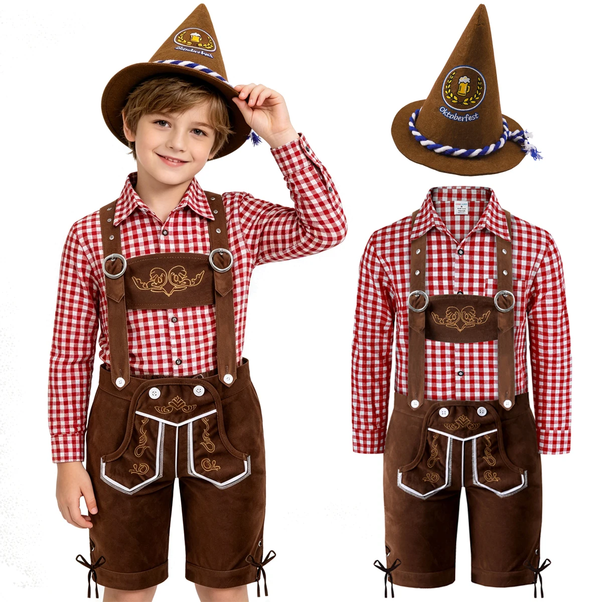 Kids Boys Oktoberfest Clothing Sets Plaid Shirt Lederhosen Costume Bavarian German Dresses Halloween Role Play 5-12 Years