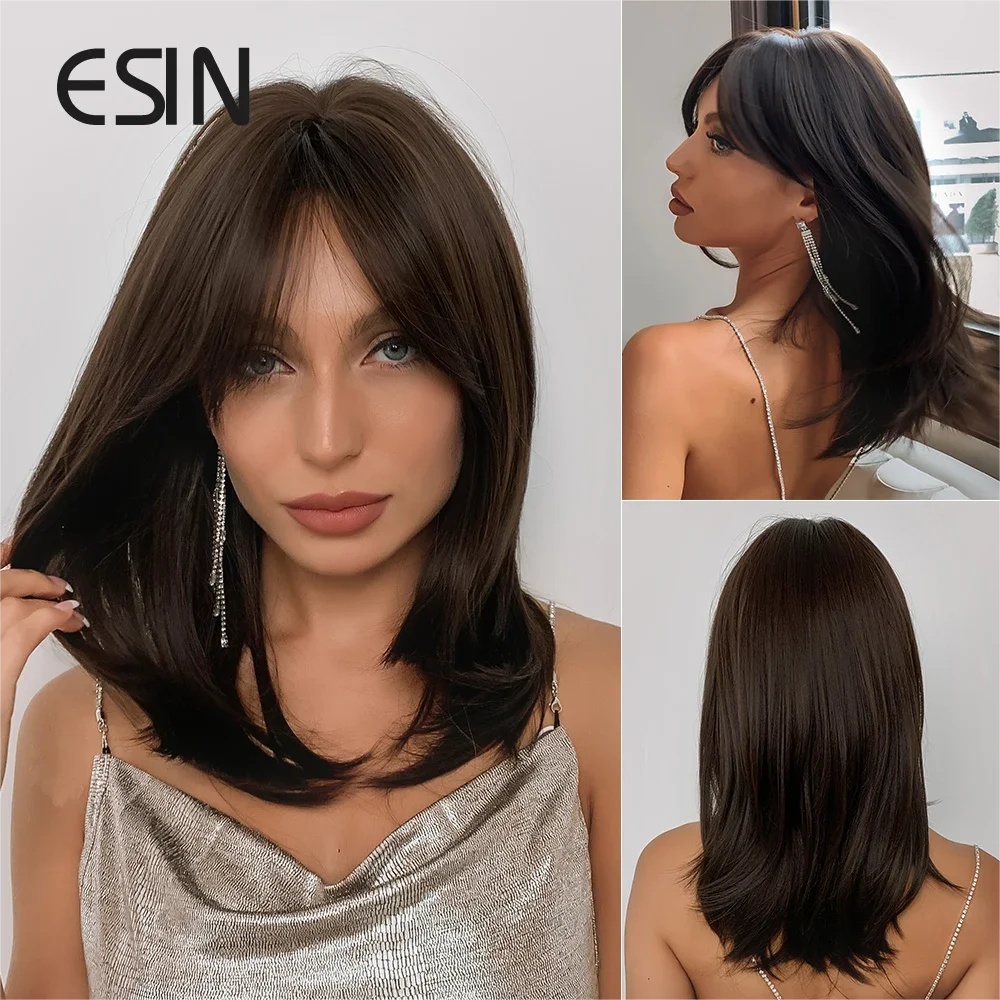 ESIN Brown Natural Synthetic Hair Wigs with Bangs Medinum Length Straight Layered Wig for Women Daily Party Use Fake Hair Fiber