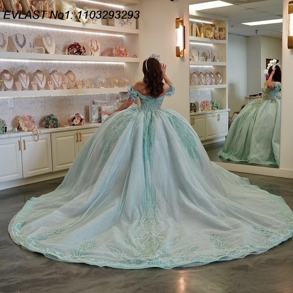 EVLAST Customized Mexican Mint Ball Gown Quinceanera Dress Lace Applique Beading Corset Sweet 16 Vestidos De 15 Anos E1Q827