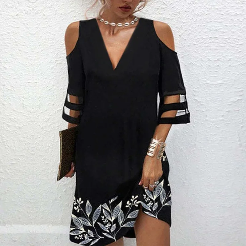 Party Black Dress Women Off the Shoulder Mid Sleeve Mini Dress Summer Hollow Printed Elegant Dress
