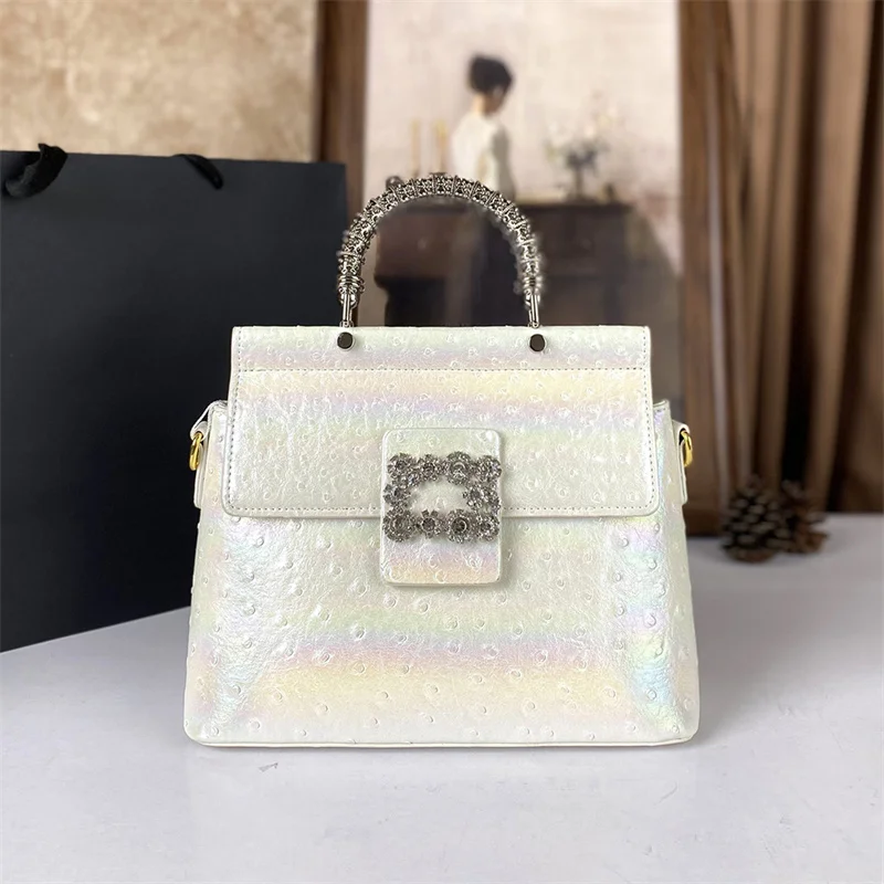 

Luxury Evening Bags for Women Retro Pearl Shiny Rhinestone Saddle PU Handbags Elegant Ostrich Pattern Bag with Metal Top-handle