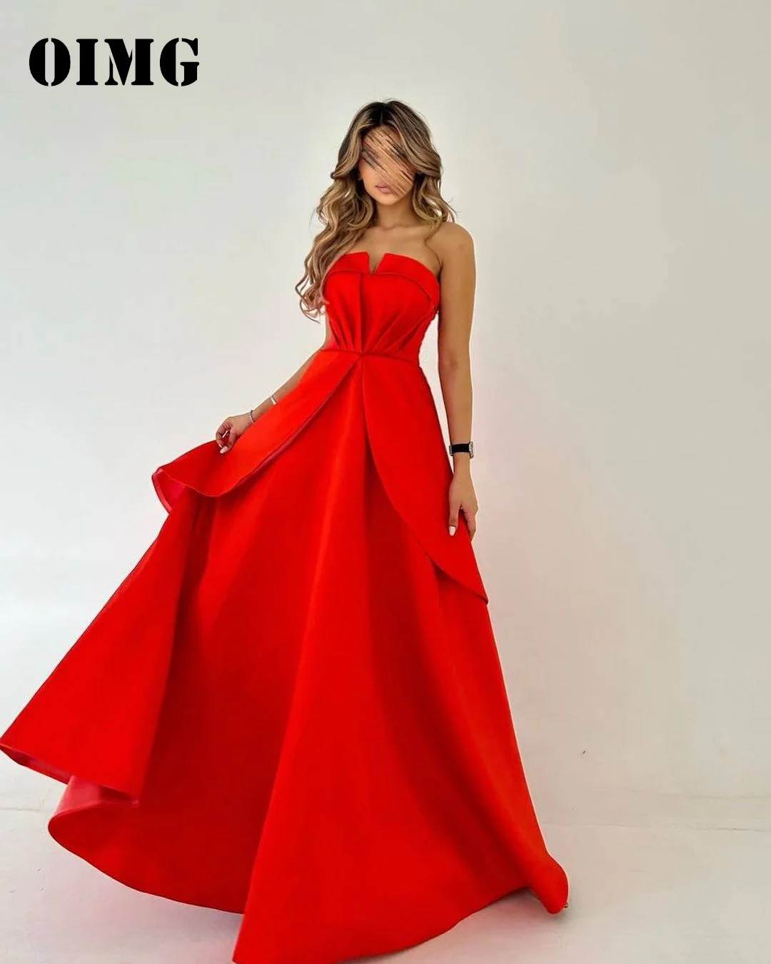 

OIMG Strapless A-Line Prom Dresses Red Layered Vintage Satin Saudi Arabic Women Evening Gowns Occasion Formal Party Dress