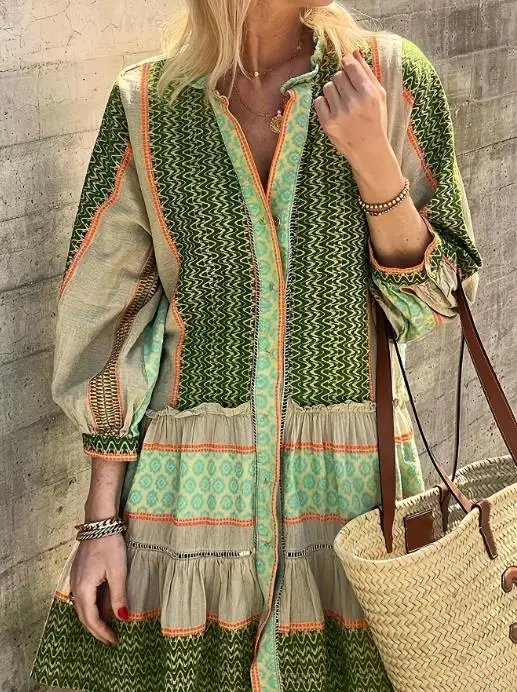 فستان قميص عصري جديد لربيع وصيف 2025 مطبوع عليه موجة ورقبة دائرية وأزرار لأعلى فستان نسائي غير رسمي فضفاض بأكمام واسعة #3