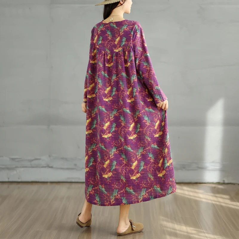 하이웨이스트 플로럴 프린트 코튼 린넨 롱 슬리브 라운드 넥 A라인 드레스 여성 루즈 플러스 사이즈 슬리밍 스플라이스 드레스 여성