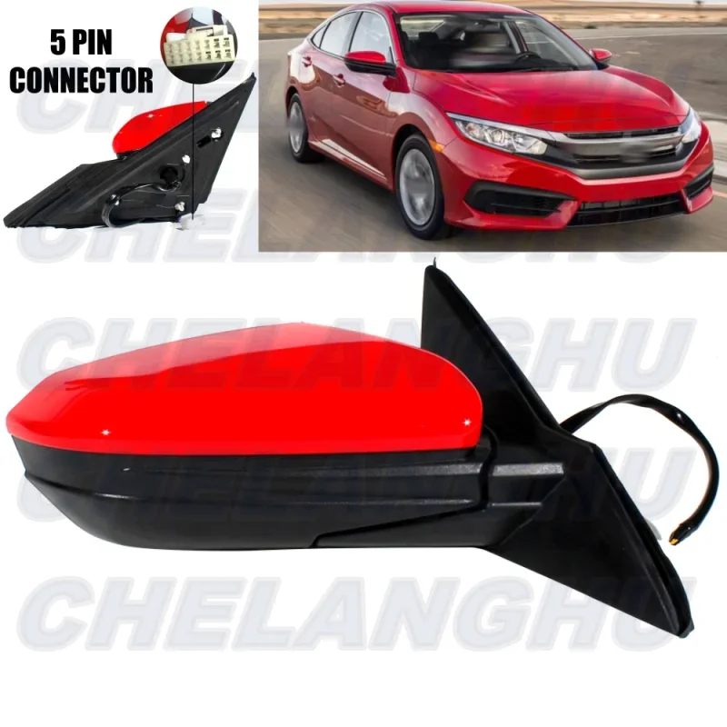 Mirror Assembly For Honda Civic 2016 2017 2018 2019 2020 2021 US Version Right 5 Pins Red Painted Heated Power Adjust Power Fold