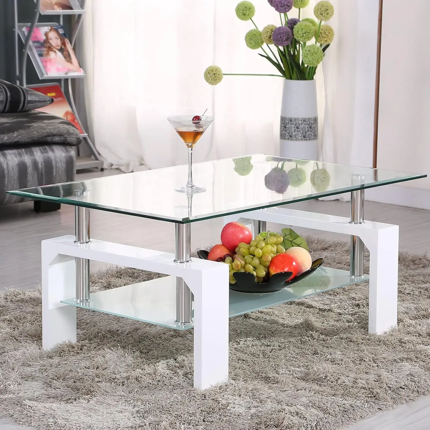 

Mecor Rectangle Glass Coffee Table-White Modern Side Coffee Table with Lower Shelf Metal Legs-Suit for Living Room