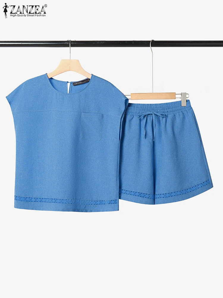 

ZANZEA Женские короткие комплекты 2025 Модные летние топы с короткими рукавами и шорты с эластичной резинкой на талии Повседневные однотонные свободные костюмы Комплекты из 2 предметов