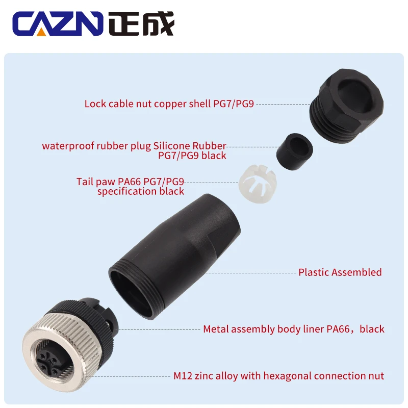 Hot-selling M12 Plastic Straight Angled Assembled Connectors 2 3 4 5 6 8 12 17 Pins A B D Male Female PG7 PG9 Metal Connectors